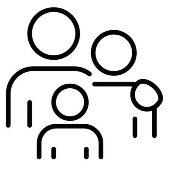 Outline drawing of three human figures, two larger figures standing behind a smaller seated figure, with one of the larger figures holding a basketball.