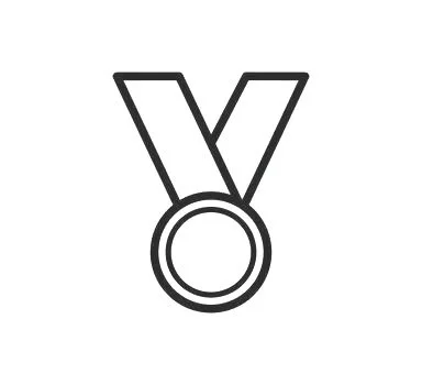 Black and white outline drawing of a medal with a ribbon.