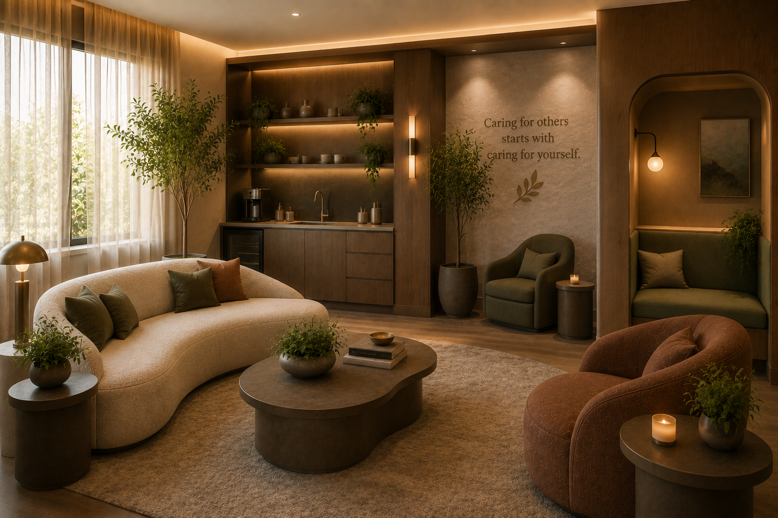Cozy, modern living room with neutral tones, plants, and warm lighting. Features a curved beige sofa with throw pillows, a round coffee table with a bowl and books, and a corner nook with built-in seating and pillows. Kitchen area with open shelves, a small sink, coffee maker, and decorative items. Wall quote: 'Caring for others starts with caring for yourself.'