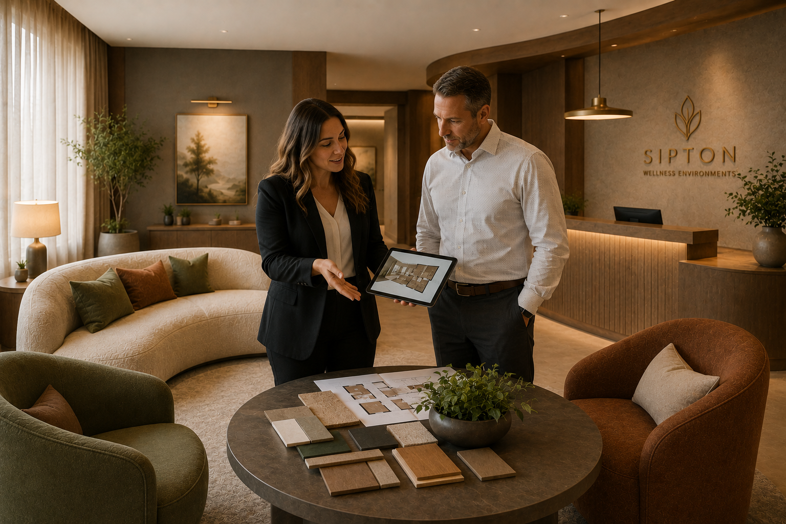 A woman and a man looking at a tablet in a furniture store with fabric samples and design plans on a table.