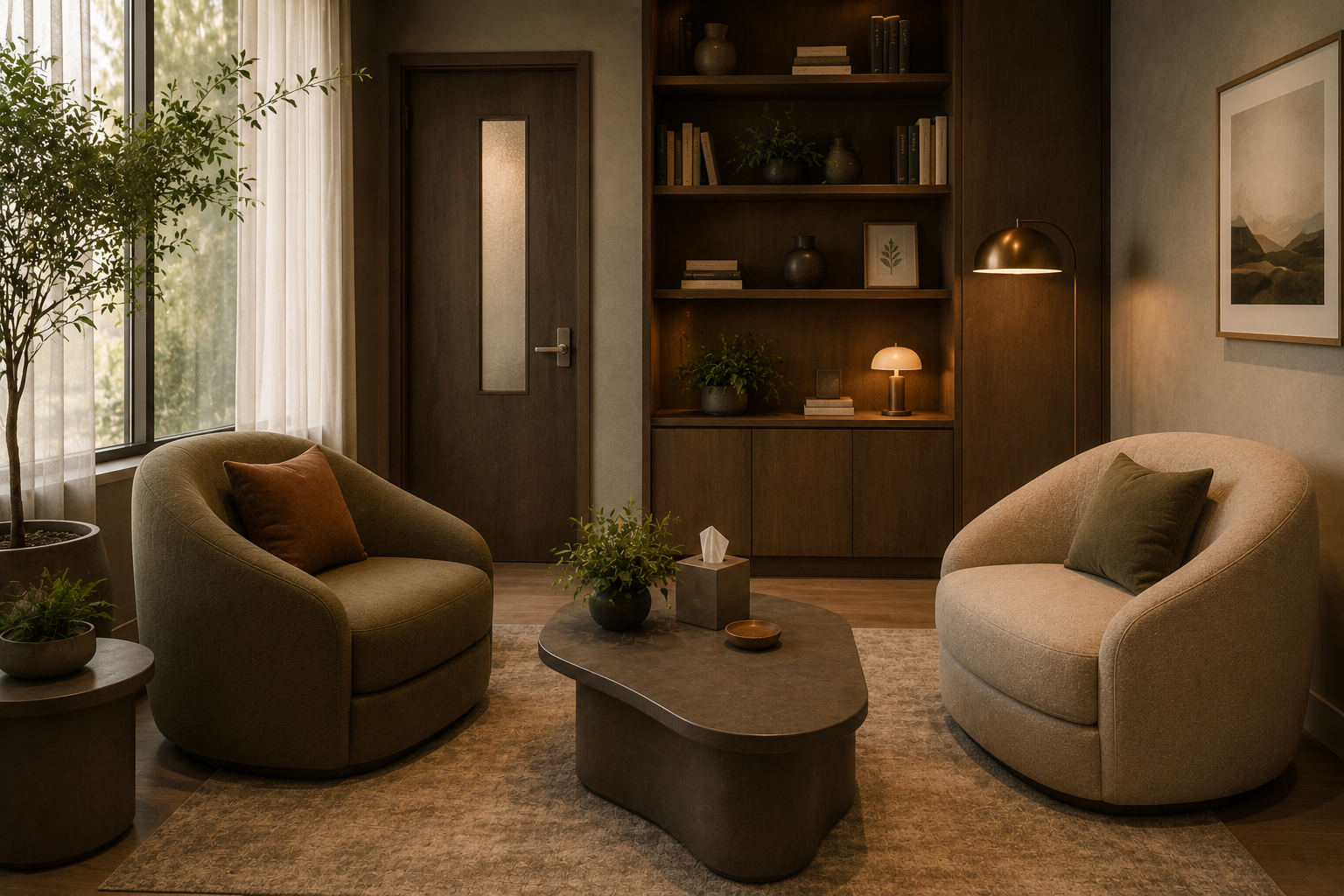 Living room with two beige rounded chairs, a dark wood cabinet with books and decorative items, a large window with sheer curtains, a side table with a plant, a modern coffee table with a plant and tissue box, a framed landscape picture on the wall, and warm lighting.