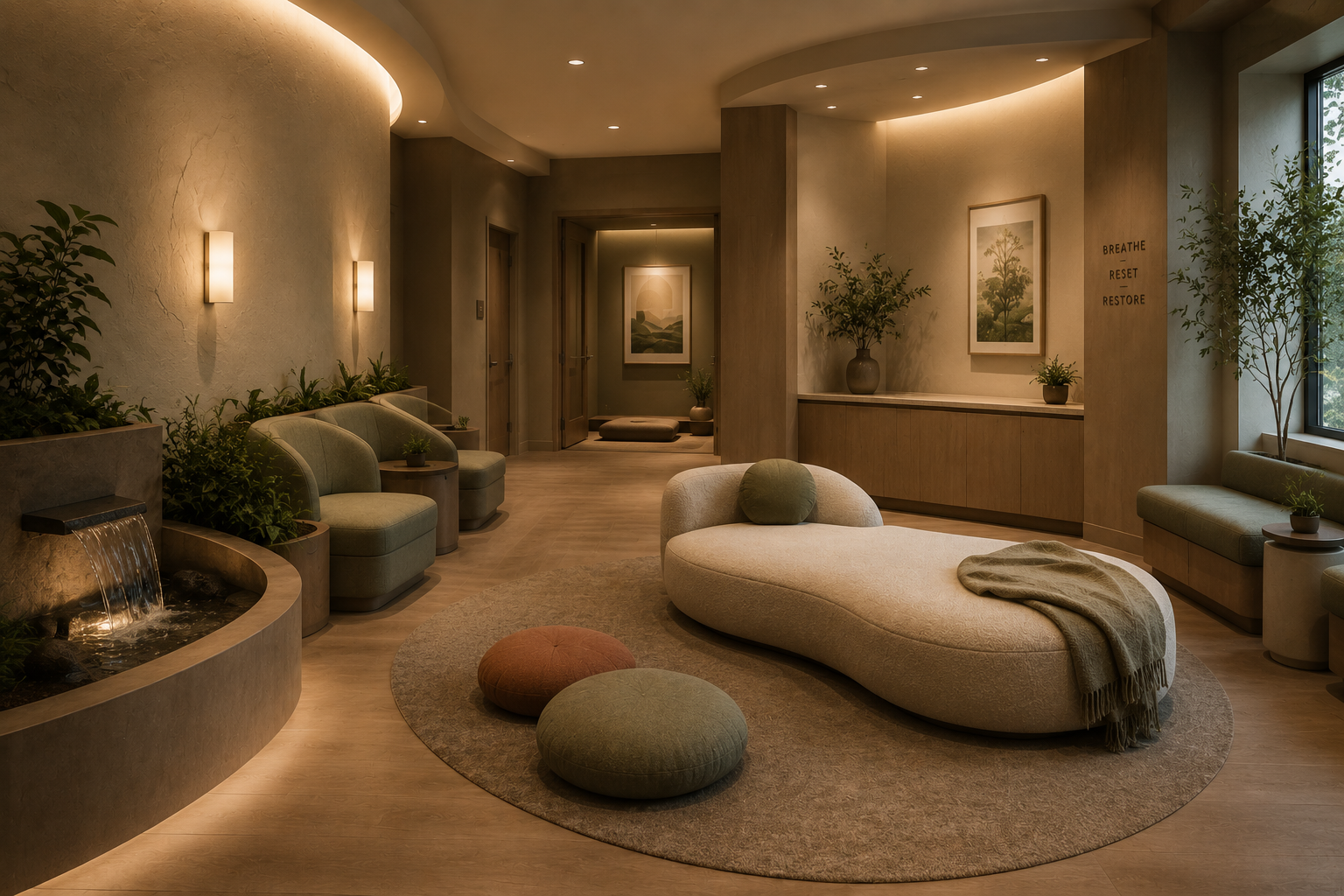 A cozy, modern lounge area with a neutral color palette, plush seating, decorative planters, framed artwork, and a small water feature, illuminated by soft lighting.