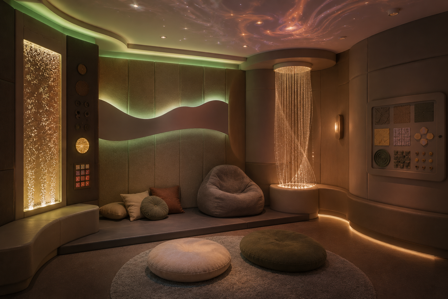 Cozy lounge interior with soft lighting, bean bag chairs, decorative pillows, abstract wall art, and a string light installation.