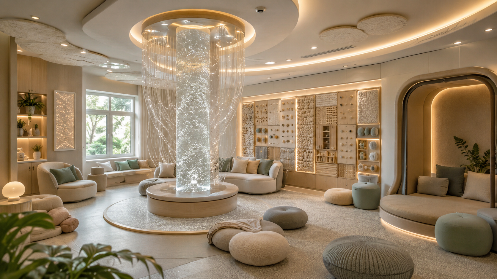 Modern lounge with white curved sofas, cushioned poufs, and built-in wall art featuring various textured panels, illuminated with soft ambient lighting. Central cylindrical water feature with flowing water and sparkling lights. Large window with natural light, minimalistic decor with plants, and cozy seating areas.