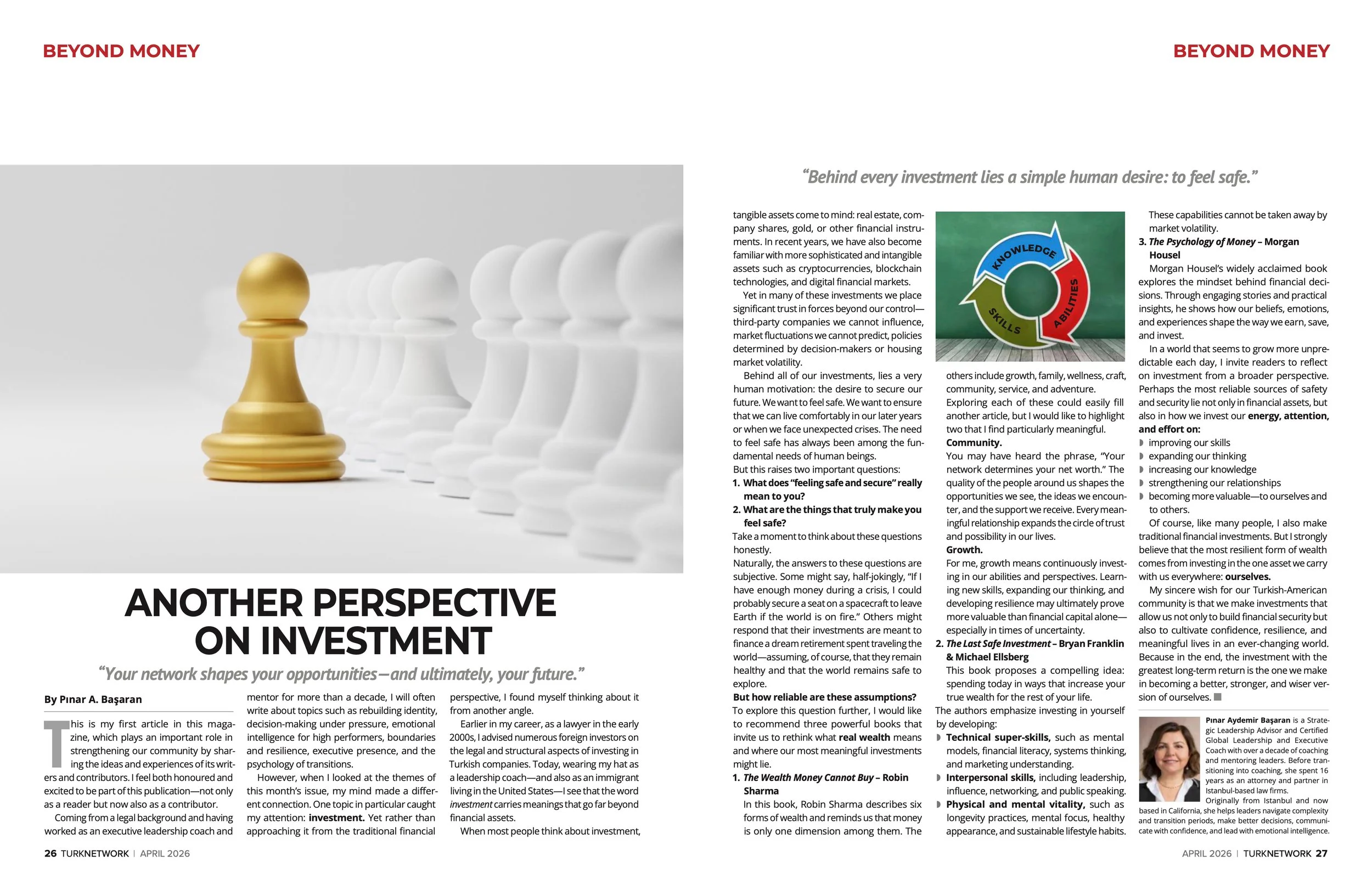 A magazine spread with a row of white chess pawns and a single gold pawn at the front, symbolizing leadership or importance.
