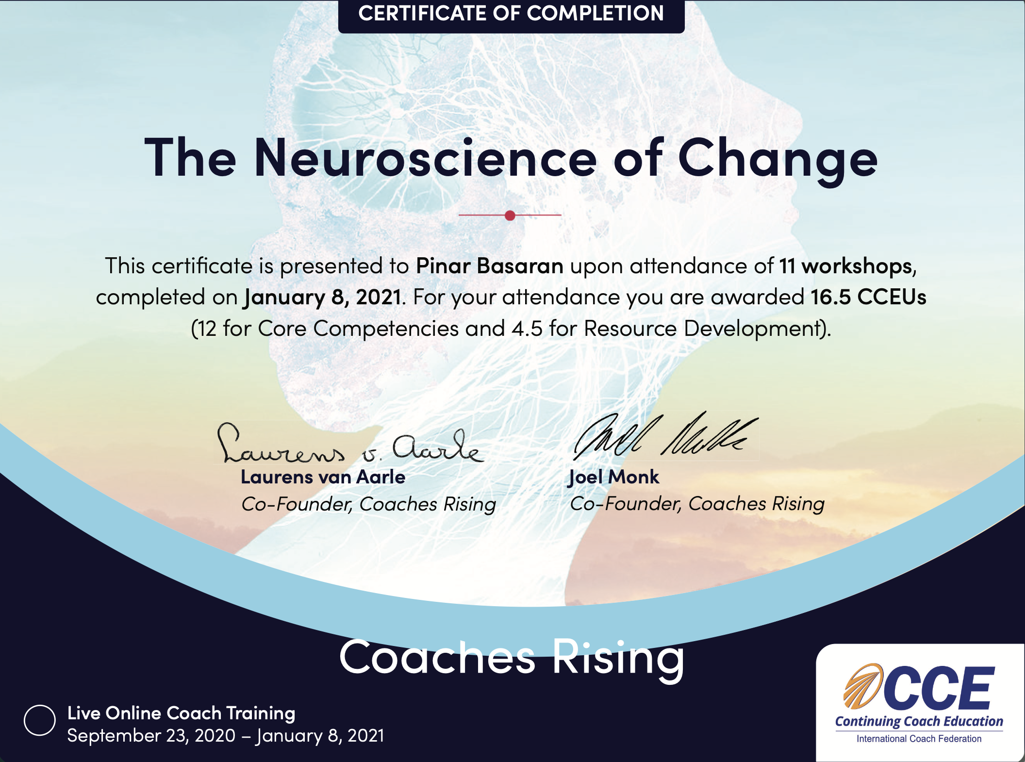 Certificate of Completion titled "The Neuroscience of Change" awarded to Pinar Basaran for attending 11 workshops, completed on January 8, 2021, with signatures of Laurens van Aarle and Joel Monk, from Coaches Rising, a program of Continuing Coach Ed