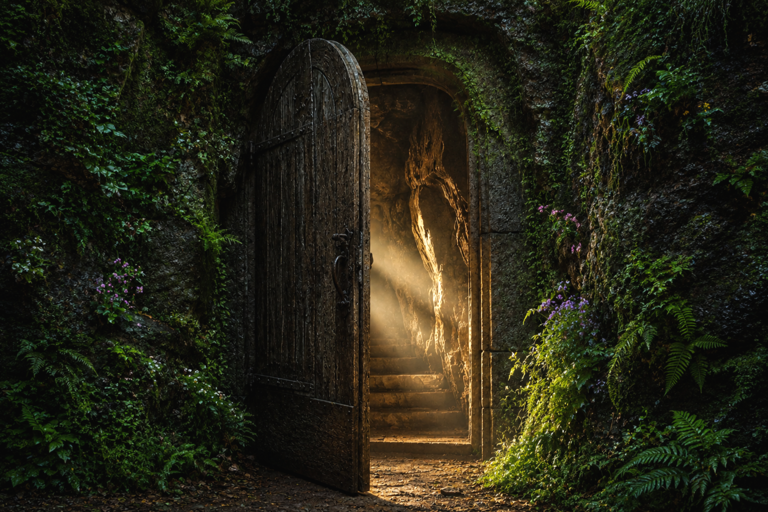 An open ornate wooden door with iron hinges, surrounded by lush green foliage and small purple flowers, revealing glowing stairs and a mysterious, glowing tree inside.