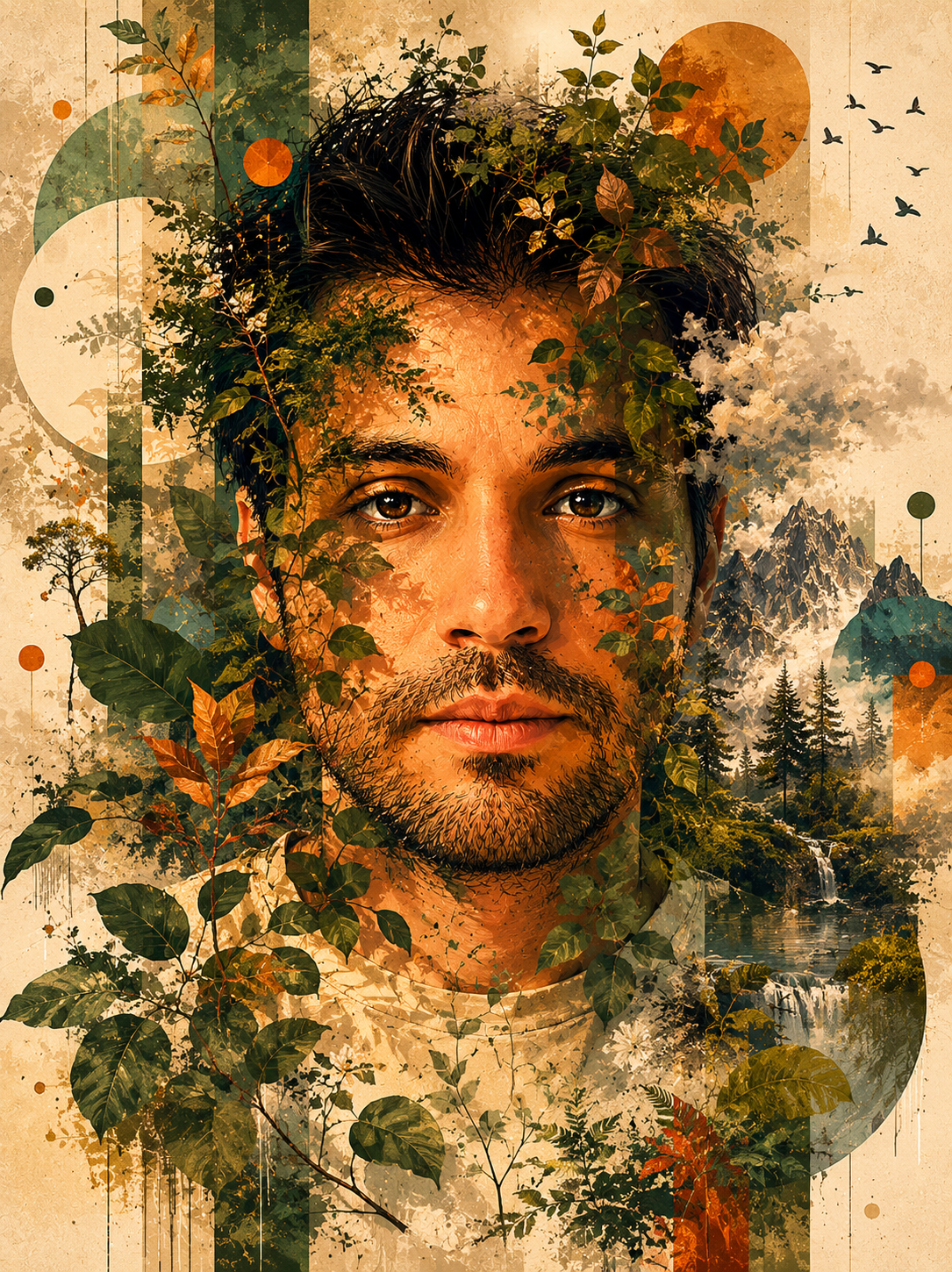 A digital artwork featuring the face of a young man with dark hair and beard blended with nature elements like leaves, trees, mountains, and waterfalls, creating a surreal, forest-inspired portrait.