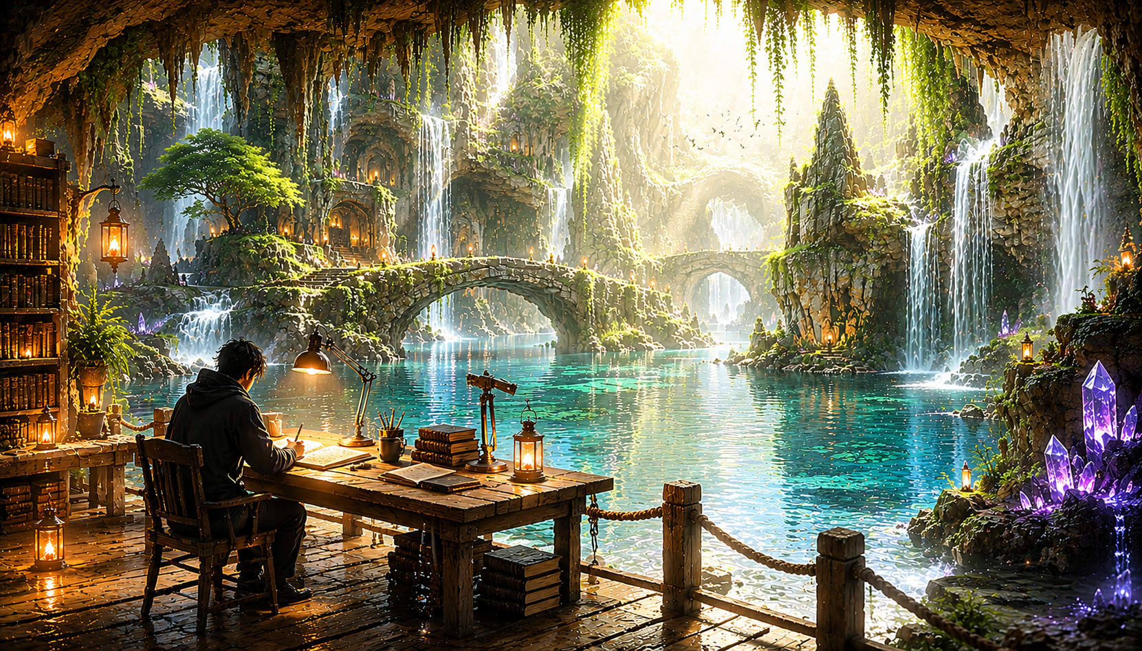 A person sitting at a wooden desk in a fantasy landscape with waterfalls, a river, lush greenery, and glowing crystals, illuminated by soft sunlight and lanterns.