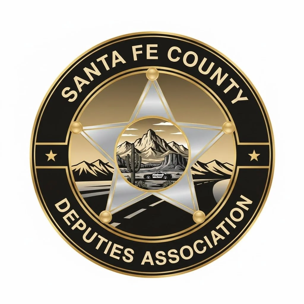 Seal of the Santa Fe County Deputies Association with mountains, a cactus, a highway, and cars in a desert landscape in the center.