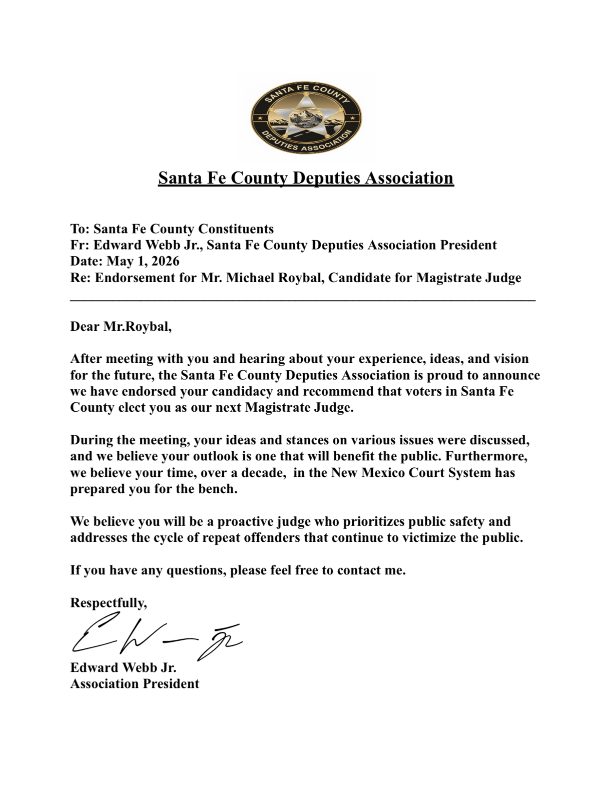 Official letter from Santa Fe County Deputies Association endorsing Mr. Michael Roybal for magistrate judge, dated May 1, 2026, addressed to Santa Fe County constituents.