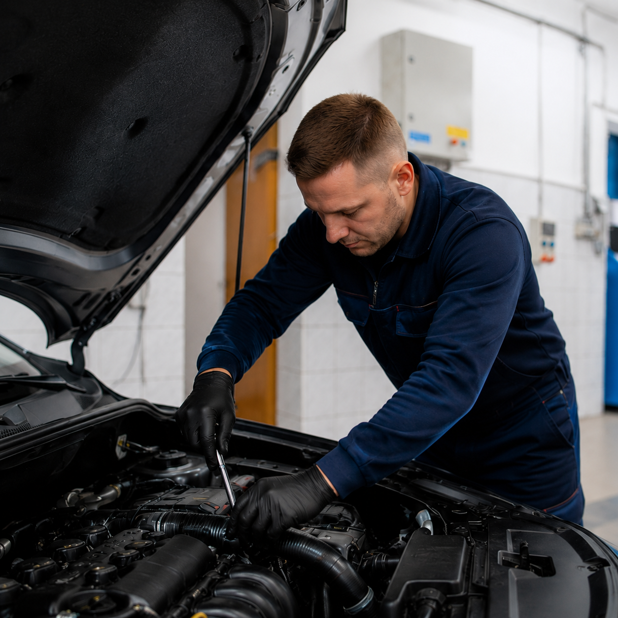 A mechanic working under the open hood of a car in a garage.