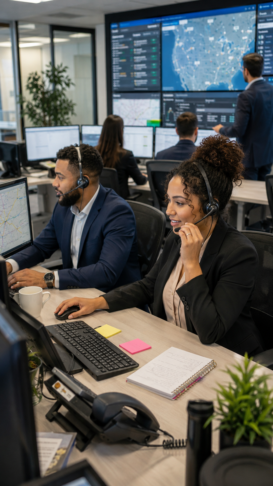 A team of professionals working in a control room or operations center with multiple computer monitors displaying maps and data visualizations, some wearing headsets and collaborating.