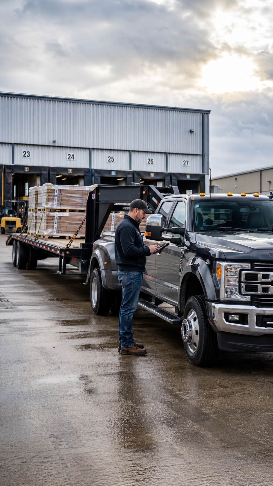 A man stands next to a black pickup truck with a flatbed trailer carrying wooden pallets outside a warehouse, looking at a tablet on a cloudy day.