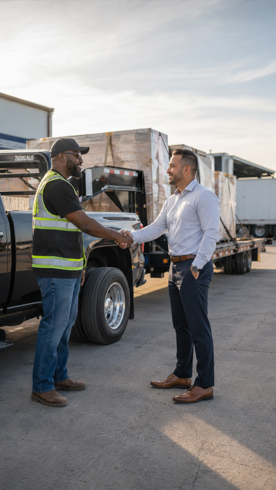 Two men are shaking hands next to a black pickup truck loaded with pallets on a flatbed trailer at an industrial or warehouse area. One man is wearing a black shirt and a safety vest, and the other is dressed in a business shirt and brown dress shoes.