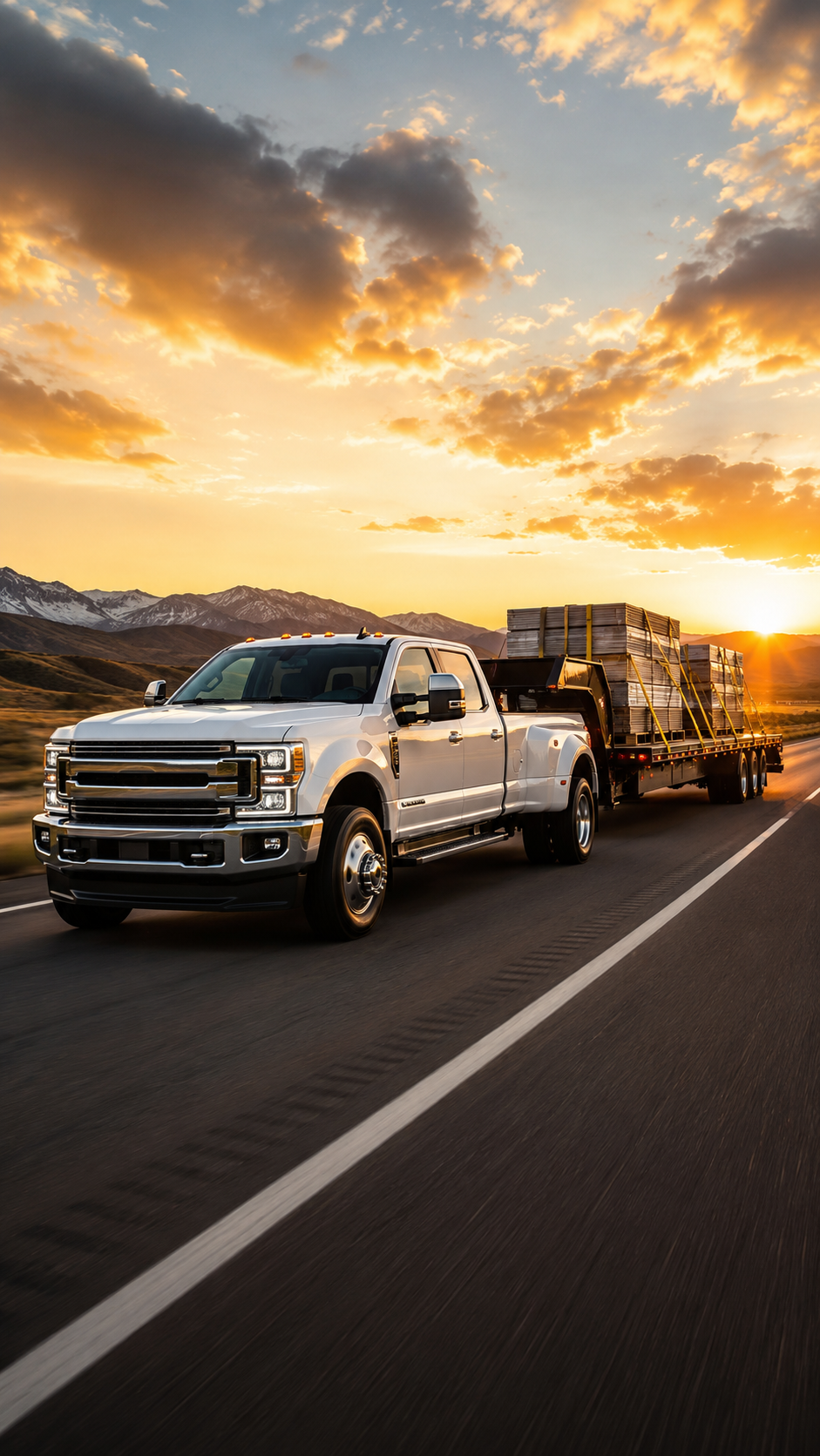 White pickup truck driving on a highway with a load of stacked pallets at sunset, mountains in the background.