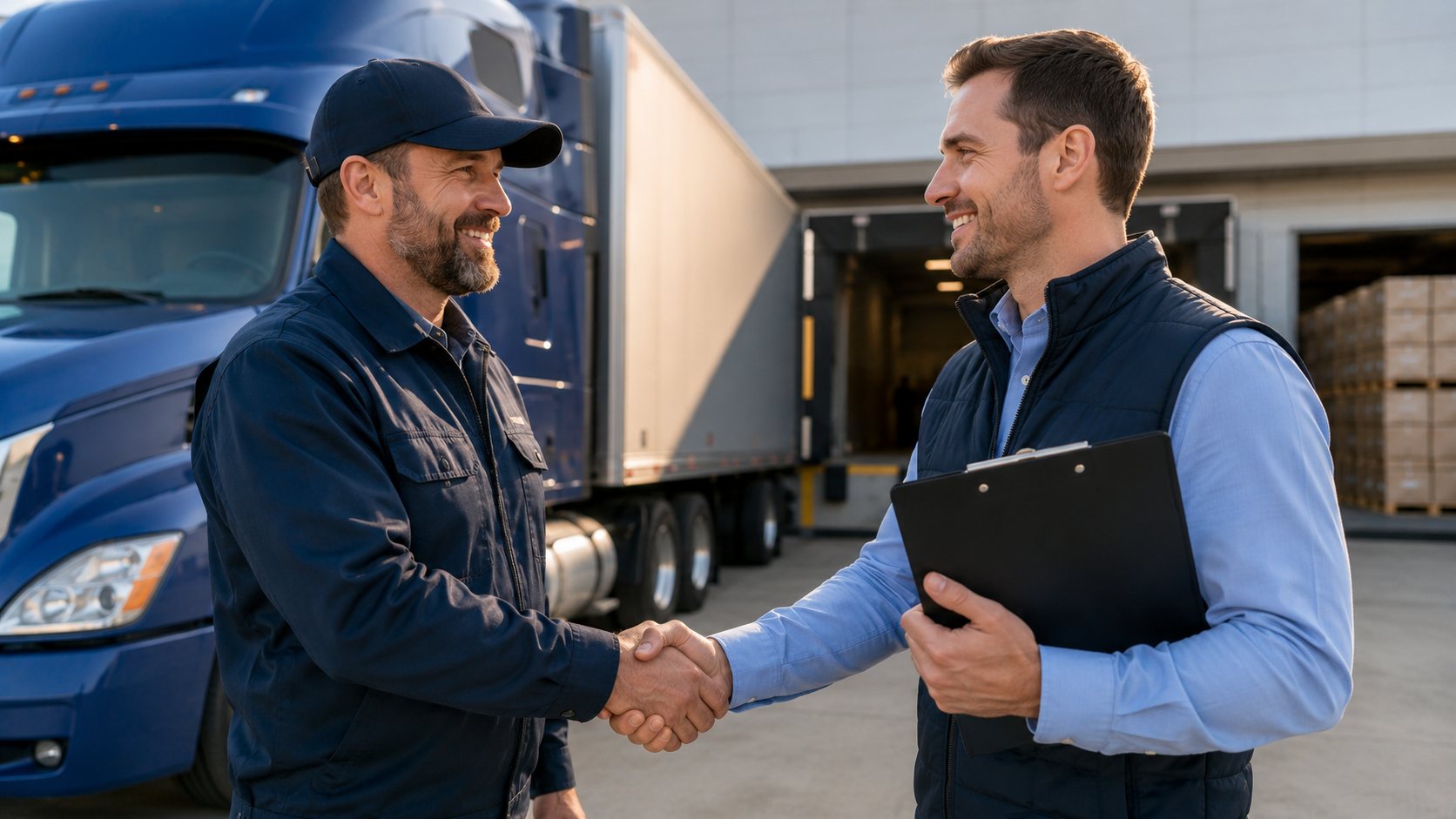 Two men shake hands in a logistics or distribution center, with a blue semi-truck and pallets of goods in the background. One man is holding a clipboard and both are smiling.