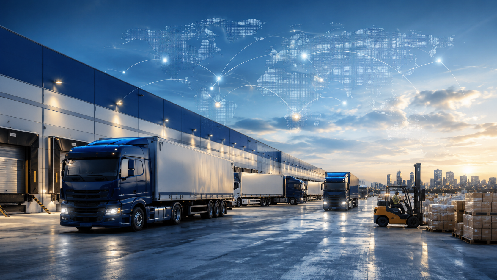 Loading dock with trucks, a forklift, and packages with a world map overlay showing global connections.