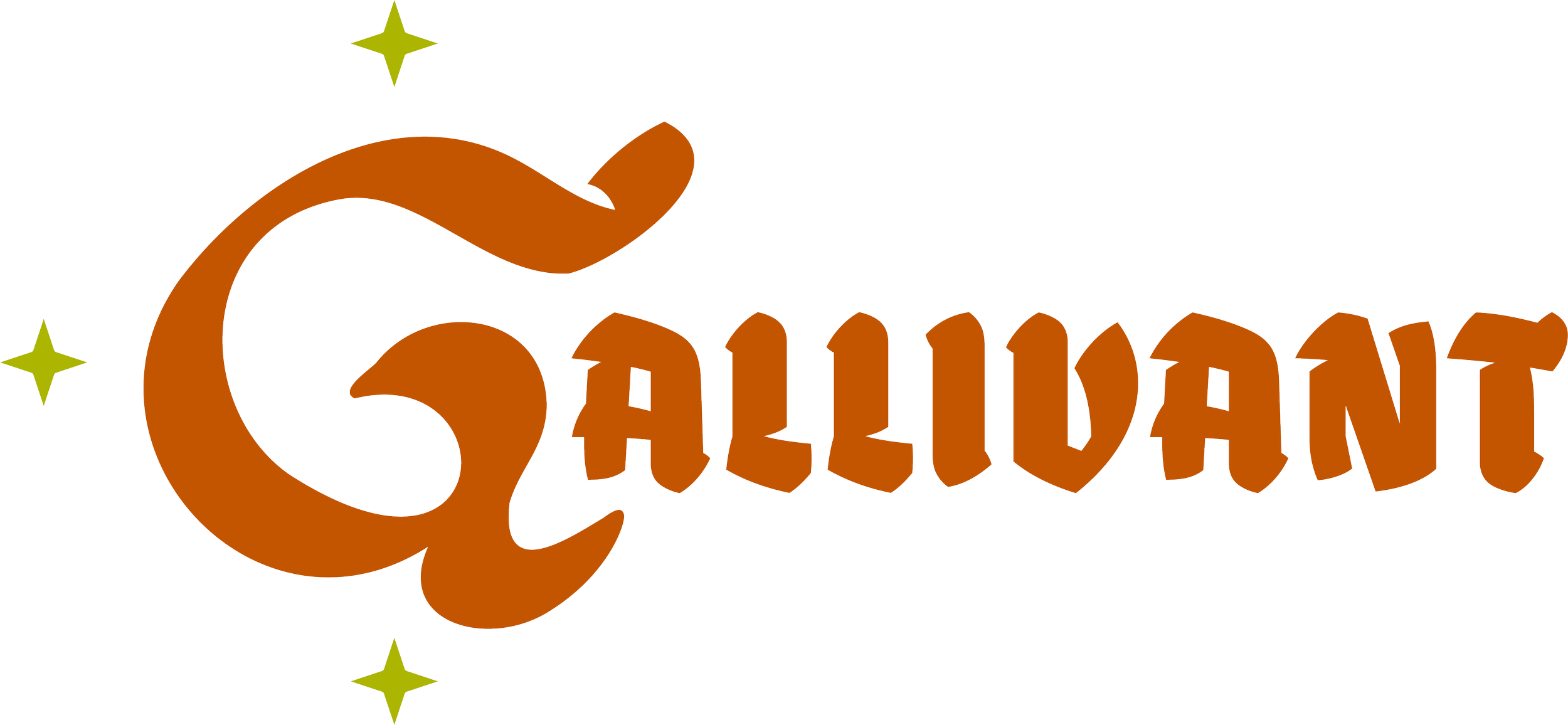 Stylized logo with the word 'California' in orange, large, playful font with a large 'C' and smaller remaining letters. The logo features three green star-like sparkles around the text.