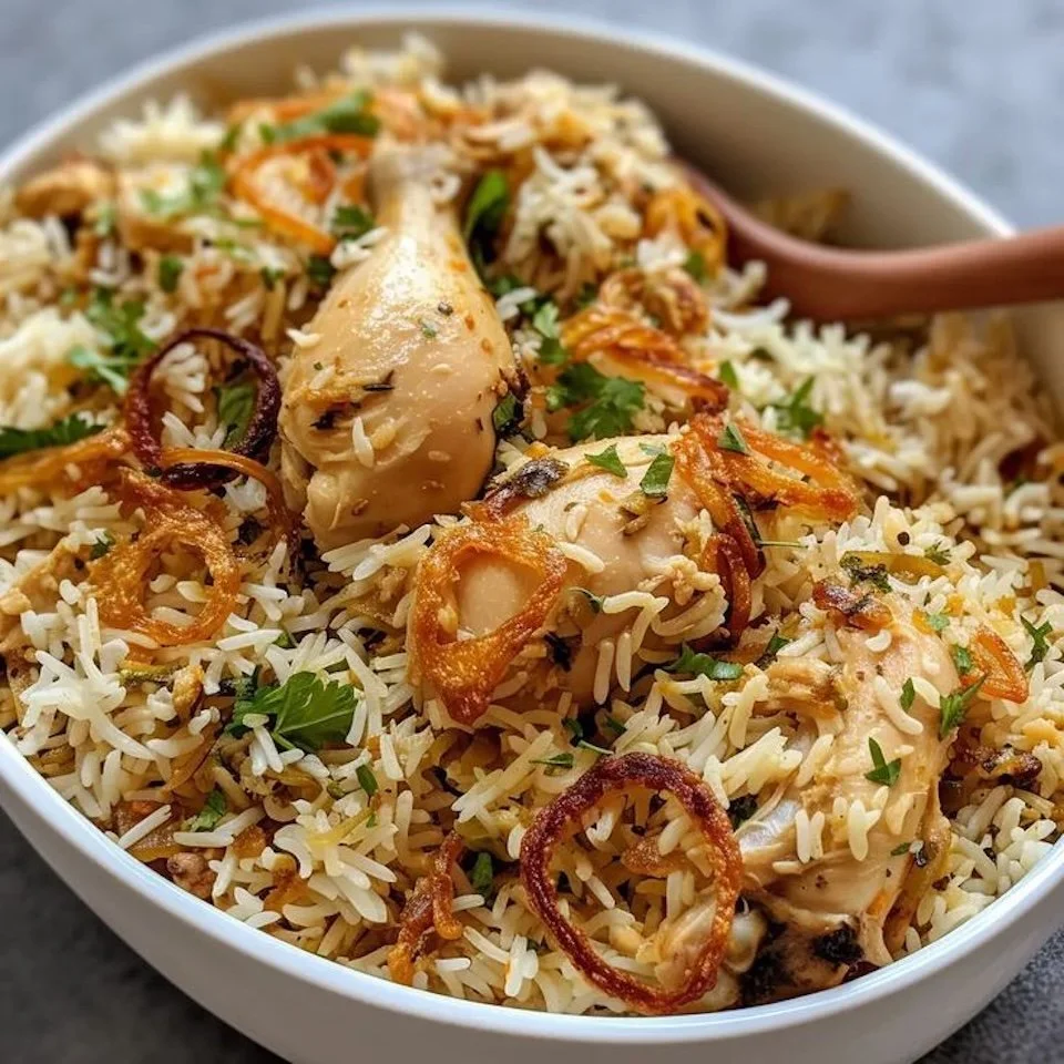 A bowl of rice with chicken, caramelized onions, herbs, and spices.
