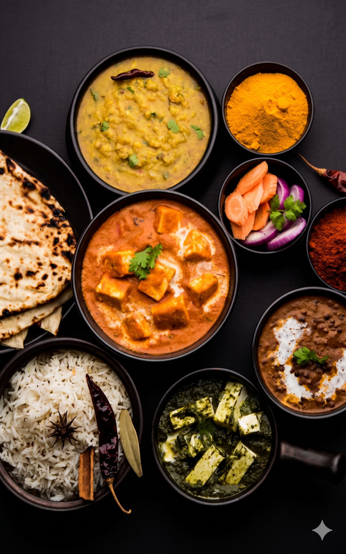Assorted Indian dishes including rice, curry, dal, vegetables, naan bread, and spices on a black surface.
