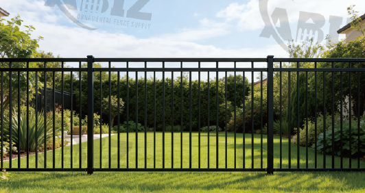 A black metal fence with vertical bars and a gate in the center, ornamental black metal fence, steel fence, wrought iron, outdoor