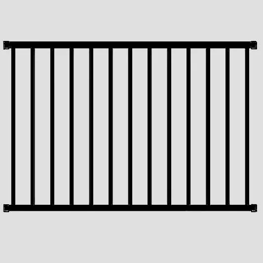 ornamental black metal fence, steel fence, wrought iron, outdoor. Flat top bottom design