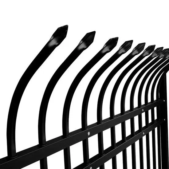 Black metal fence with curved tops against a white background.