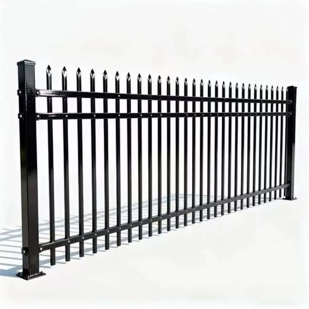 Black metal fence with pointed tips, standing on a white background. ornamental black metal fence, steel fence, wrought iron, outdoor. Spear top design