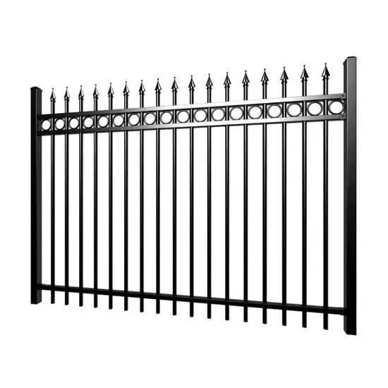 Black metal fence with pointed spearhead finials on top of vertical bars and circular decorative elements.