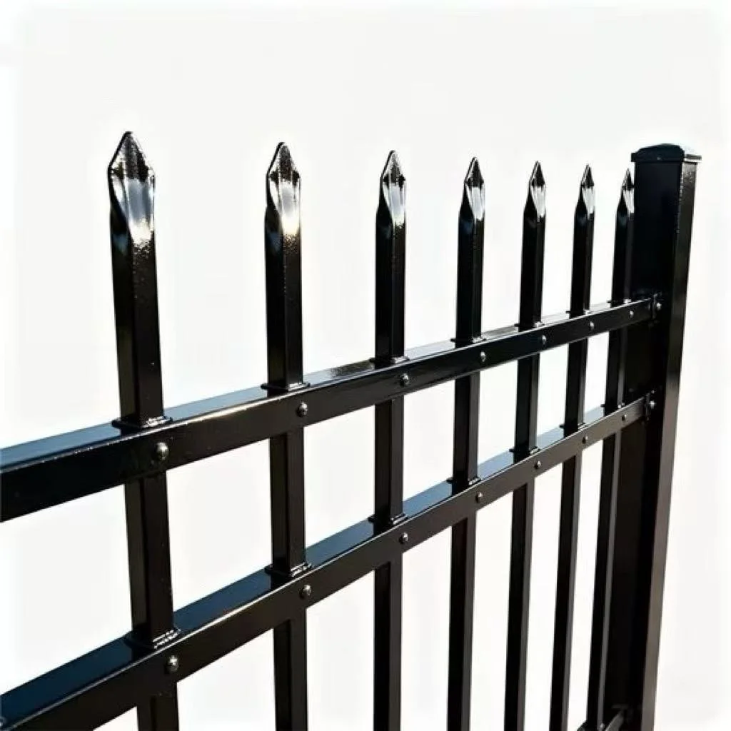 Close-up of black metal fence with pointed tips against a plain white background.