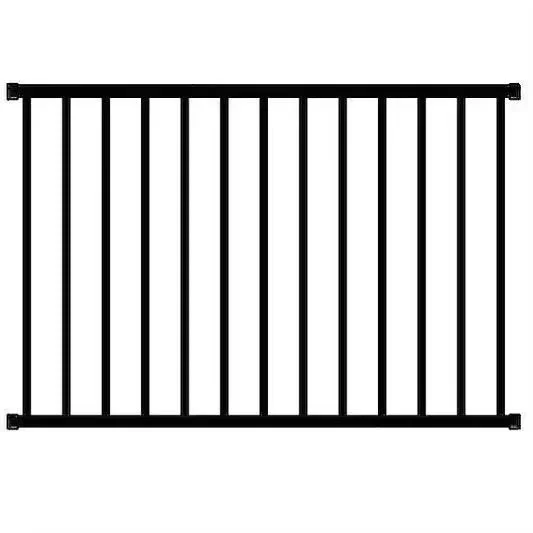 A black metal safety railing with vertical bars. ornamental black metal fence, steel fence, wrought iron, outdoor