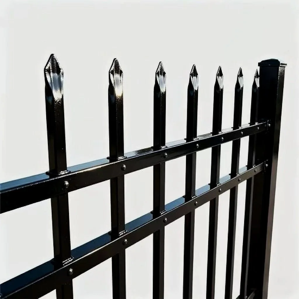Close-up of a black metal fence with pointed tips and a solid post on the right, against a plain white background.