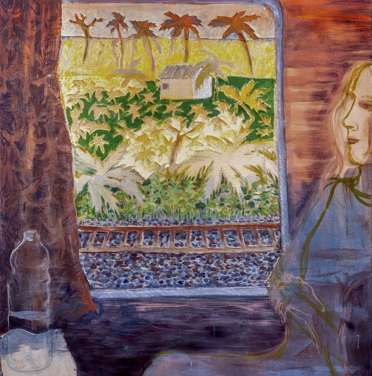 Painting of a woman inside looking out a window at a lush landscape with palm trees, house, and green plants.
