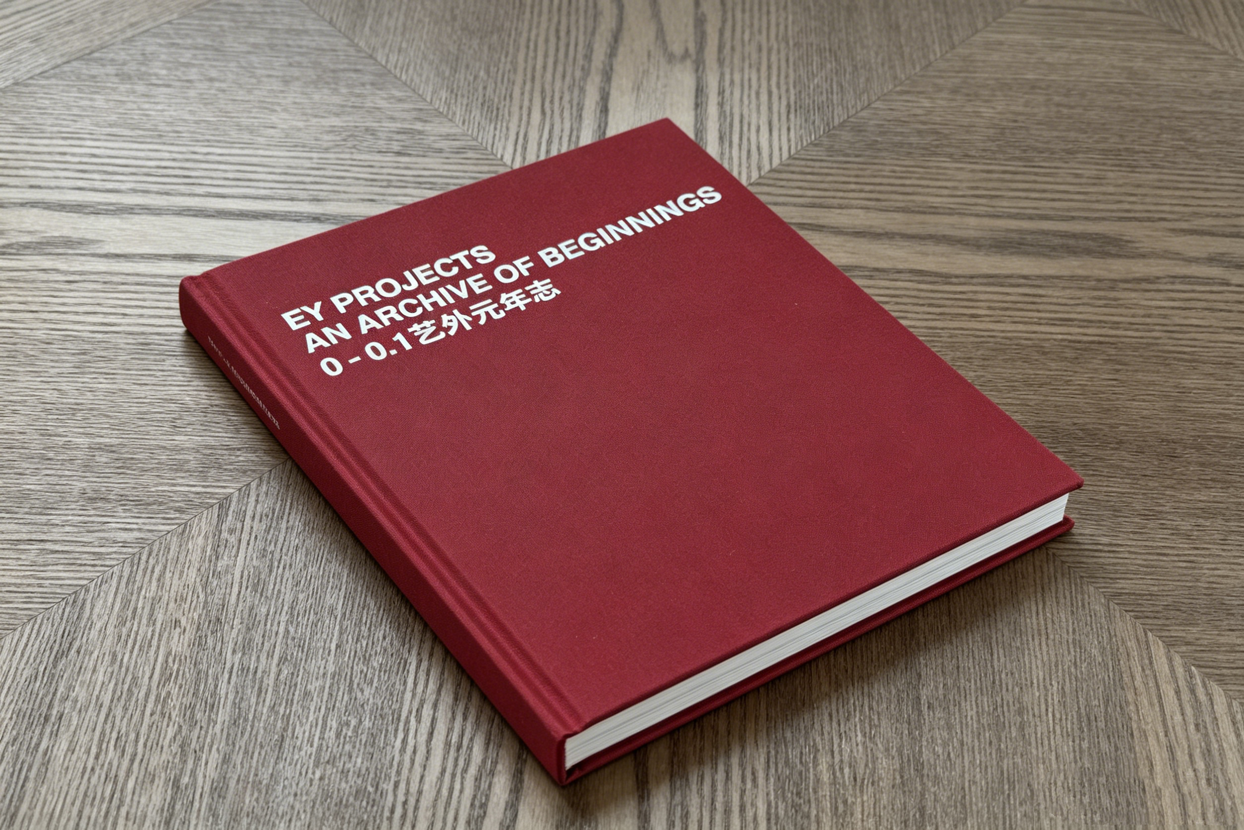 A red hardcover book titled 'EY PROJECTS AN ARCHIVE OF BEGINNINGS 0-0.1' resting on a wooden surface.