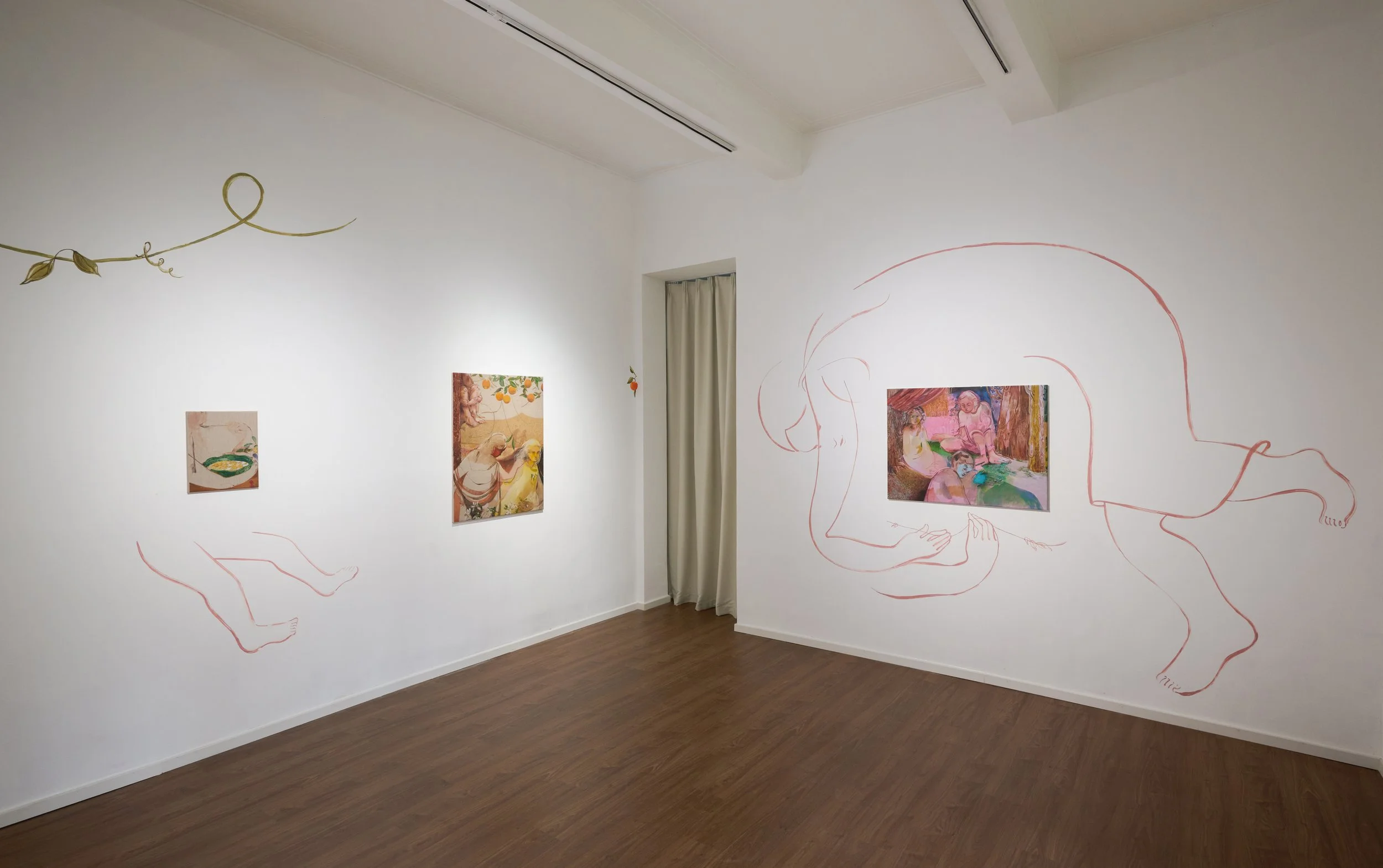 Art exhibit featuring illustrations of nude figures drawn with red lines, with three paintings on the wall depicting figures and scenes in bright colors.