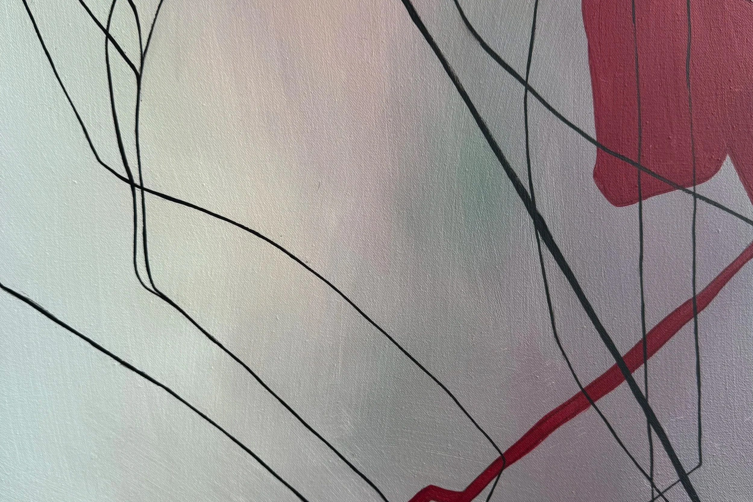Close-up of an oil painting, featuring fine black lines and thicker dark red strokes over a muted ground.