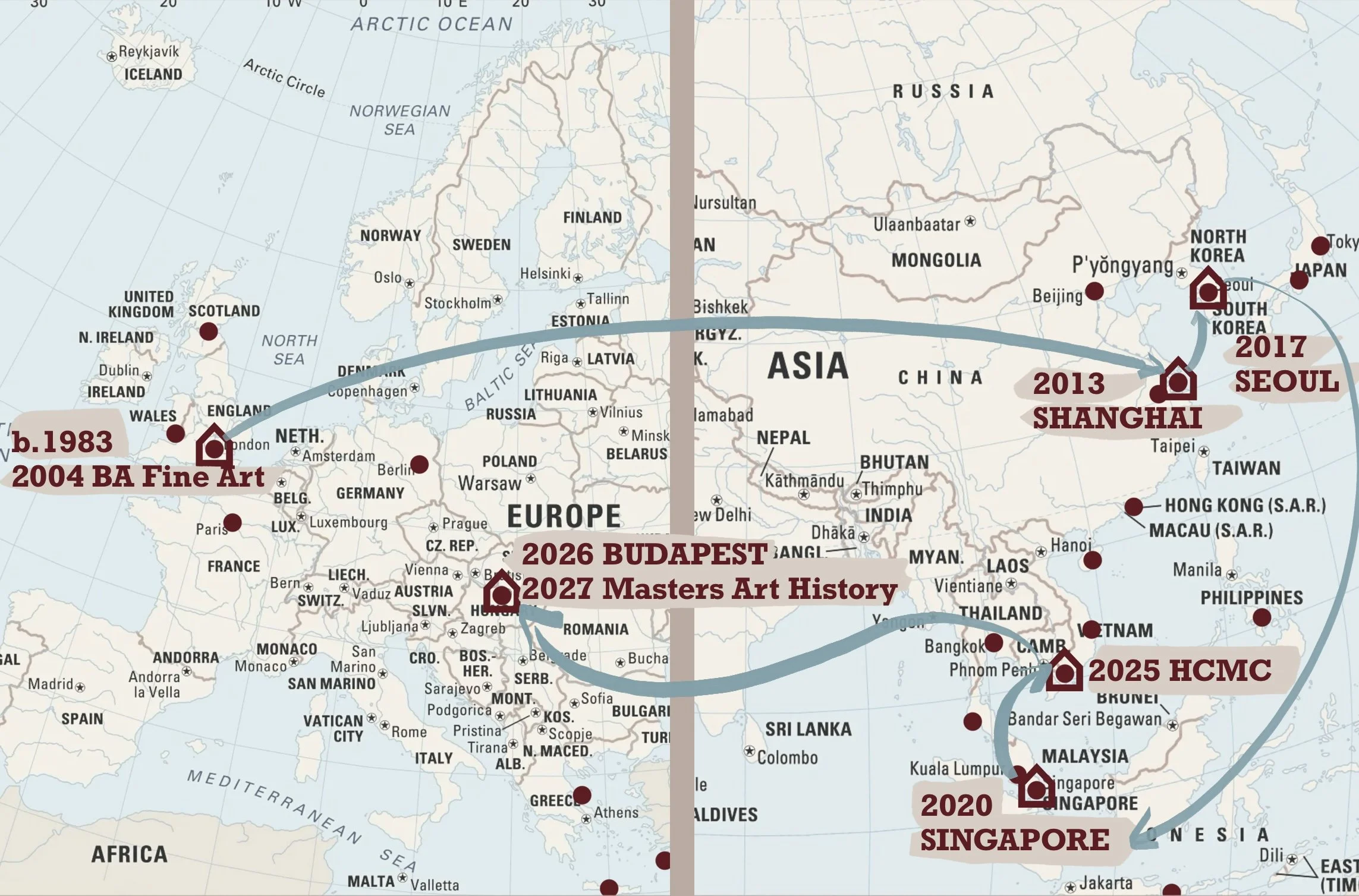A world map illustrating the timeline of Shelley Earl’s lived geography.