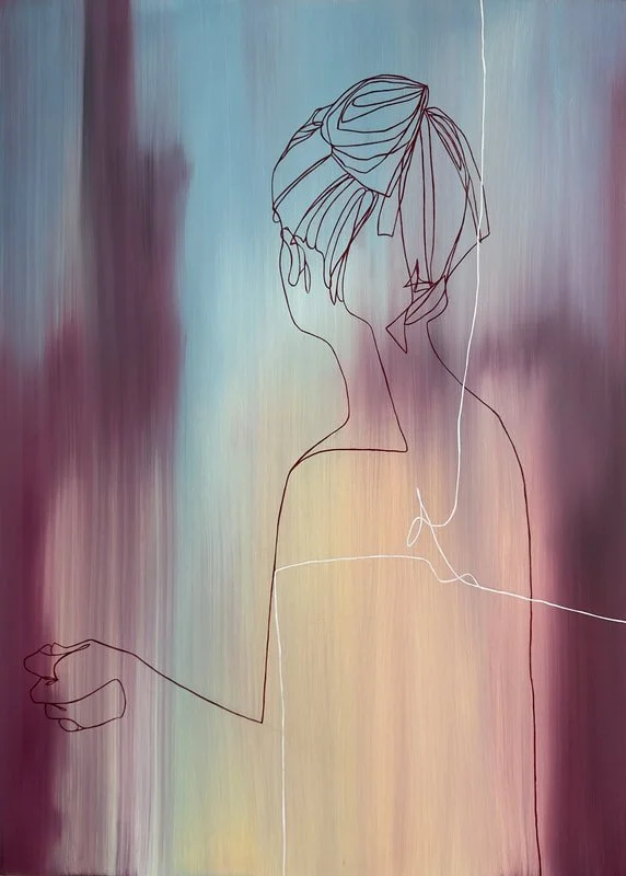Oil painting featuring a female figure turned away painted in a deep red continuous line, on top of a blue, burgundy and muted yellow abstract ground.