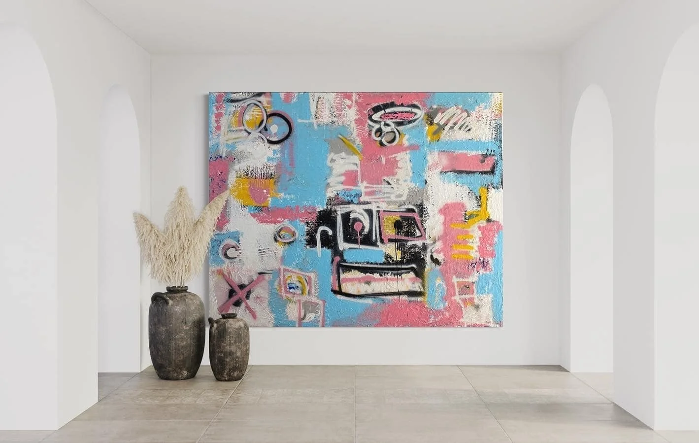 Untitled: 60 x 48 in | Acrylic, spray paint, oil stick, and mixed media on canvas