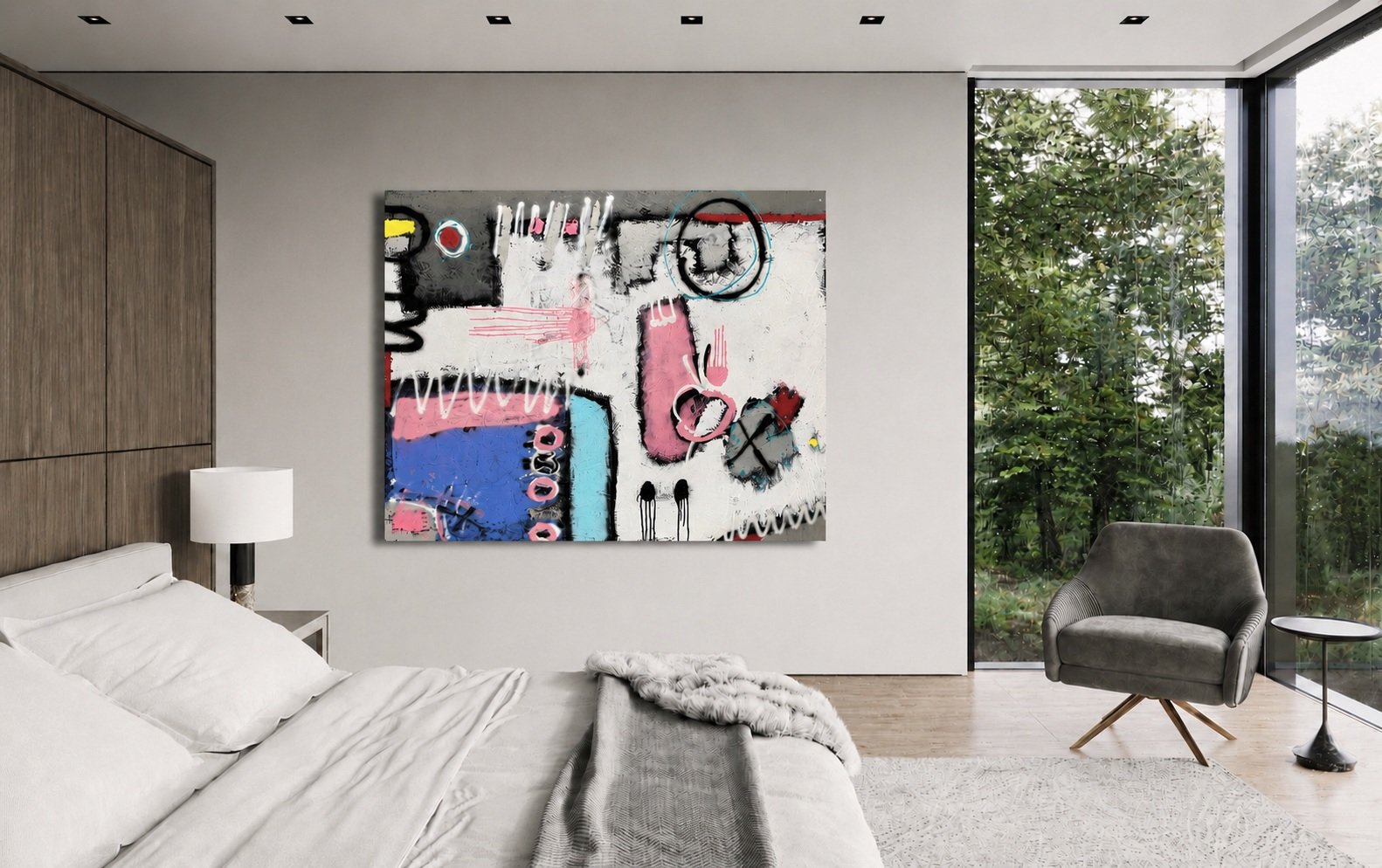 Residual Memory by Christopher Durst, a 48 × 60 inch mixed-media abstract painting with layered texture, gestural marks, and muted color.