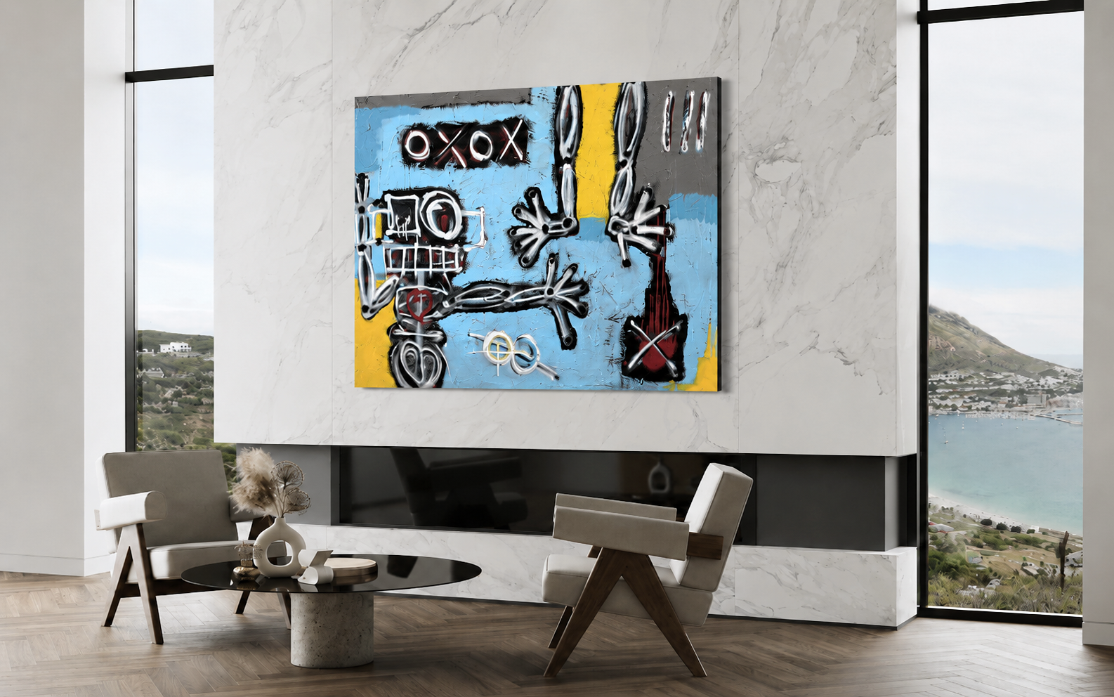 Between Frequencies by Christopher Durst, a large-scale abstract painting with layered markings, raw symbols, gestural movement, and textured color.