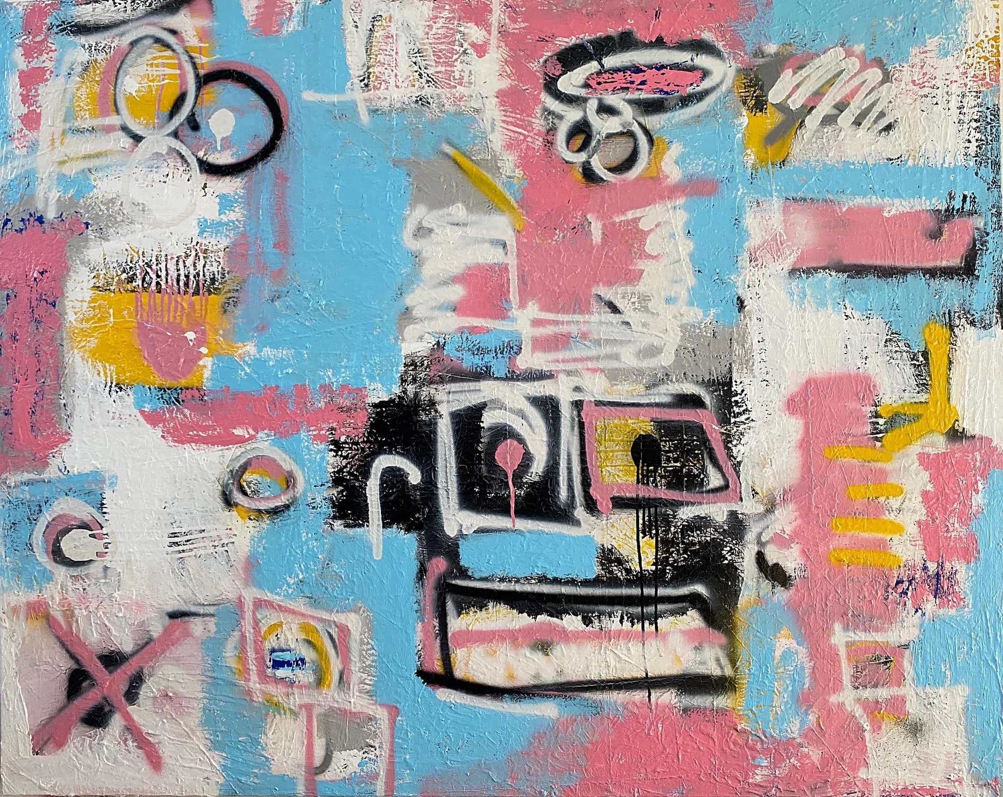 Abstract graffiti artwork with a mix of colors including pink, blue, yellow, black, and white, featuring various shapes, lines, and spray-painted elements.