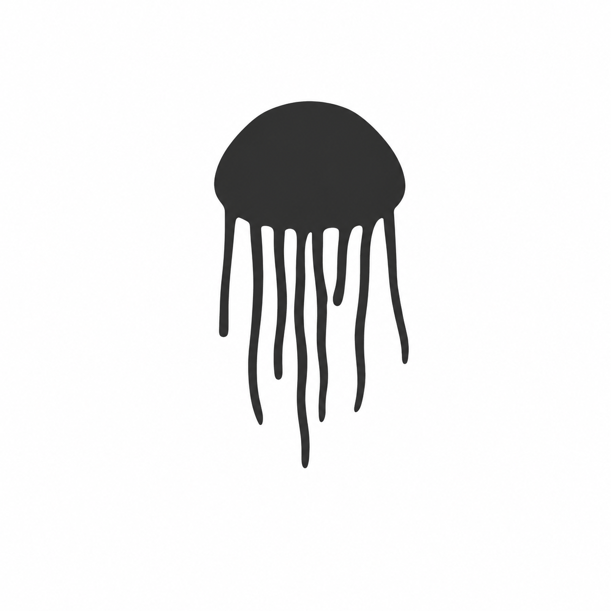 Simple black silhouette of a jellyfish with long, wavy tentacles on a white background.