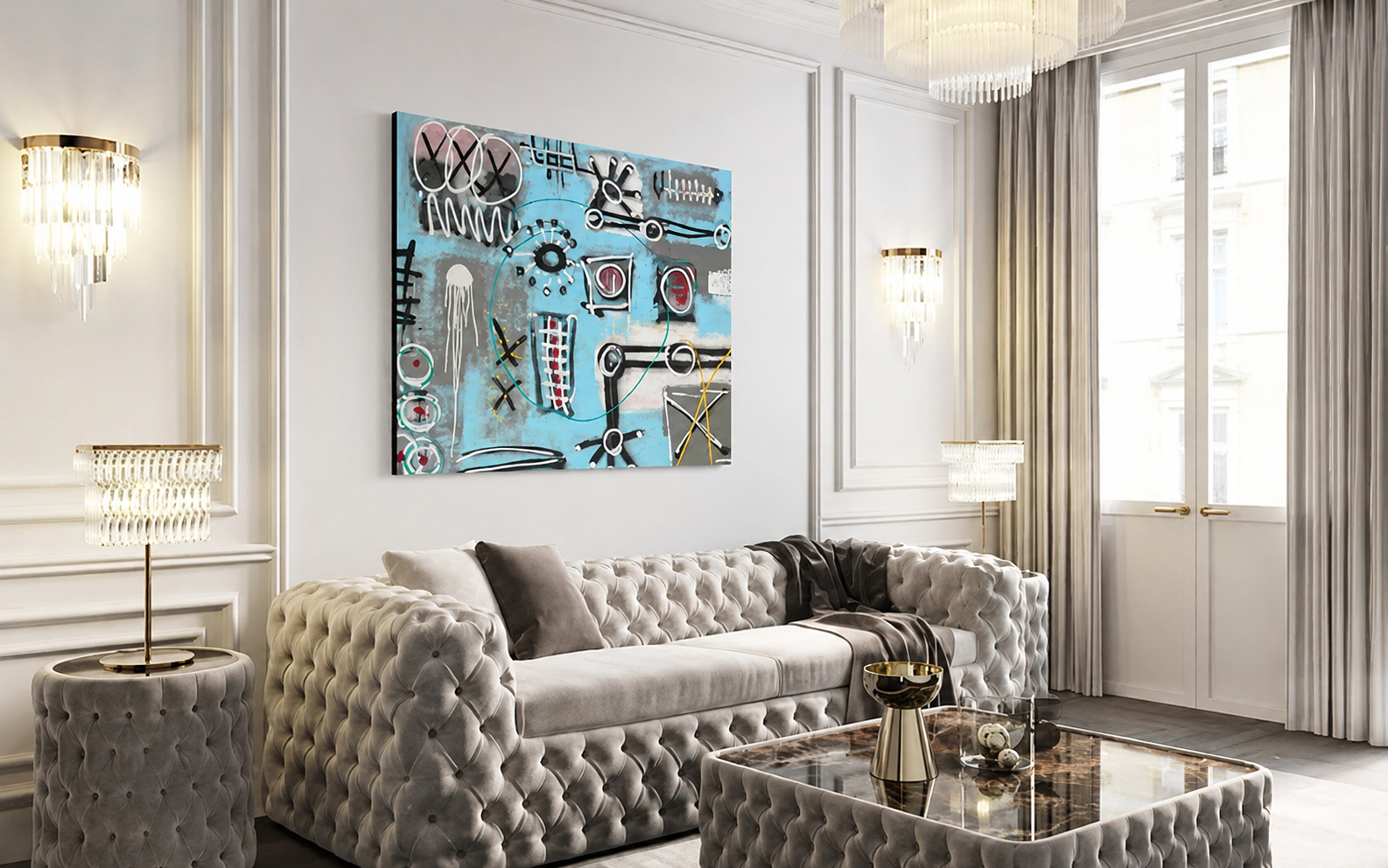Transmission by Christopher Durst, a large-scale mixed-media abstract painting featuring layered symbols, gestural lines, and blue-grey atmospheric forms.