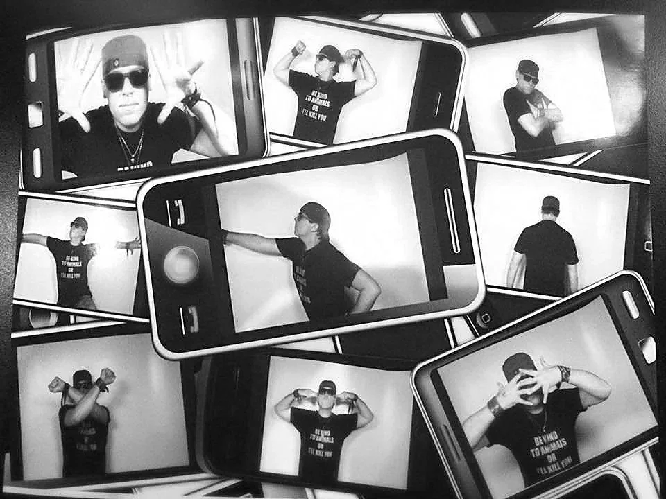 Multiple smartphones arranged in a scattered manner, each displaying a black-and-white photo of Christopher Durst in various poses with different expressions and gestures.
