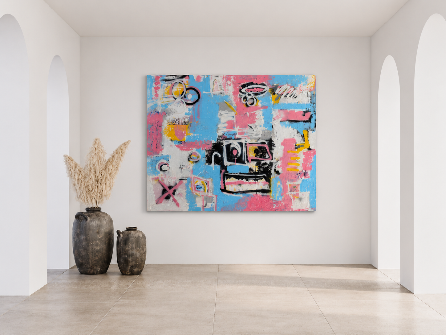 Untitled by Christopher Durst, a 48 × 60 inch mixed-media abstract painting with pastel color, black forms, fragmented symbols, and expressive lines.