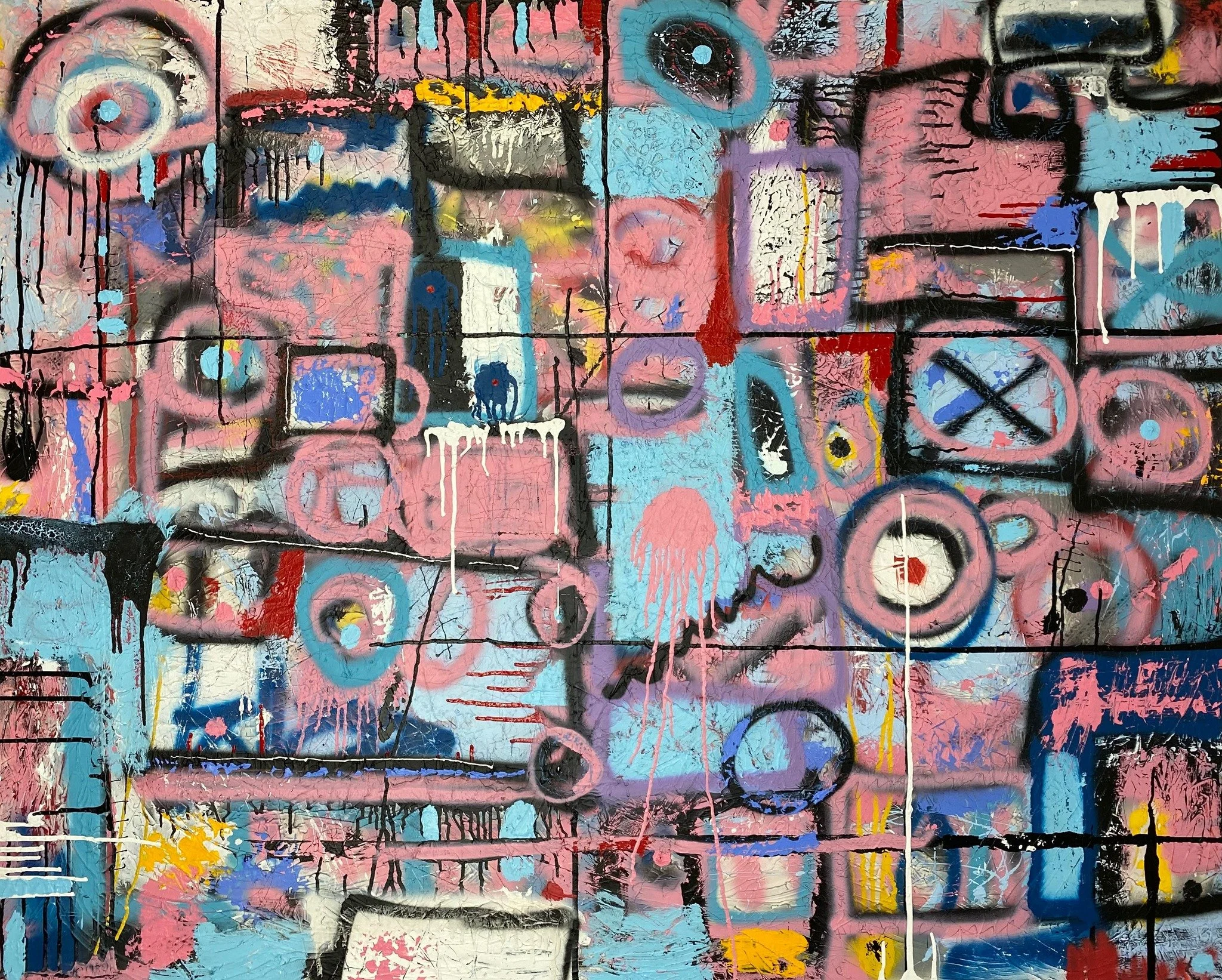 Debutante Graffiti by Christopher Durst, a large-scale abstract painting featuring layered symbols, expressive markings, textured surfaces, and vibrant pink, blue, black, white, red, and yellow tones.