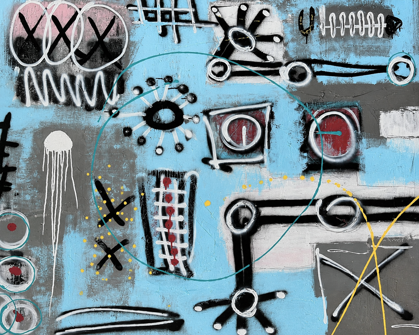 Transmission by Christopher Durst, a large-scale abstract painting featuring layered symbols, geometric forms, and textured surfaces in blue, grey, black, white, red, and yellow.