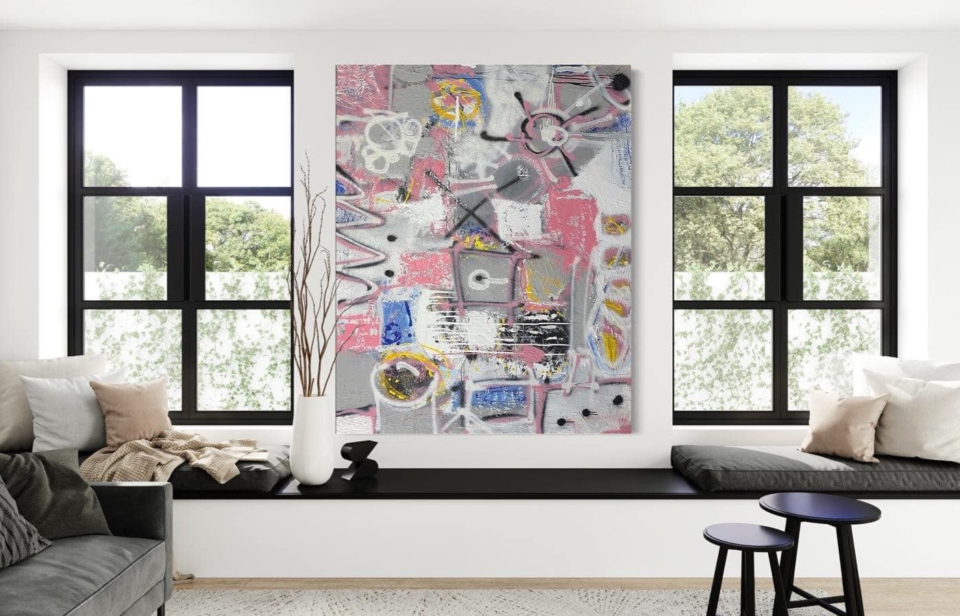 Signal and Noise by Christopher Durst, a large-scale abstract painting featuring layered symbols, gestural markings, and textured surfaces in pink, grey, blue, black, white, and yellow.
